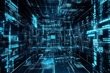 Futuristic Abstract Digital Environment with Glowing Blue Grids and Data Flow in Three-Dimensional Space