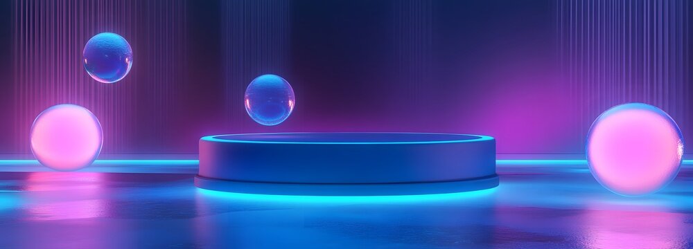 A futuristic glowing podium with floating water orbs, inspired by Songkran is playful water fights