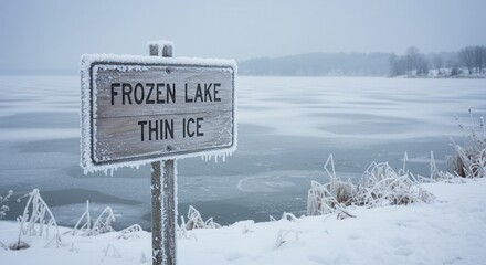 Frozen Lake Warning Sign with Thin Ice on a Winter Day
