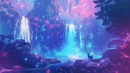 Obraz premium Ethereal Waterfall Landscape with Majestic Deer - Fantasy Art