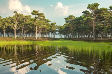 Fototapeta premium a peaceful landscape with a forest of trees reflected on the rippled water surface