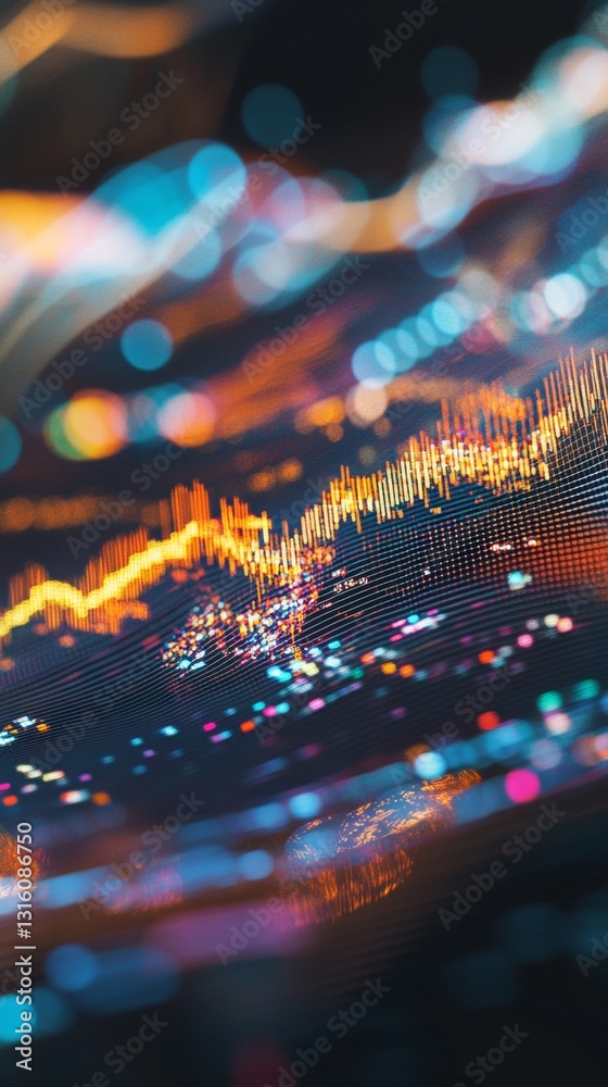 Poster dynamic abstract digital visualization with colorful light patterns and waves of data