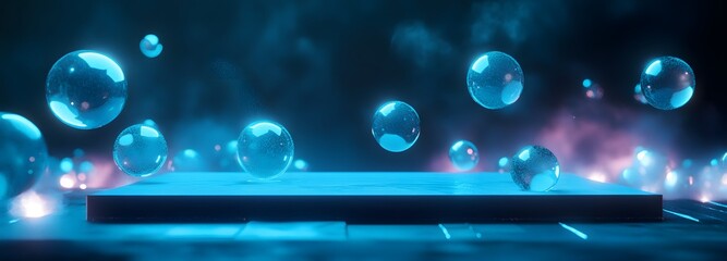 A futuristic glowing podium with floating water orbs, inspired by Songkran is playful water fights