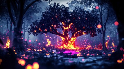 Burning Tree in Dark Forest  Environmental Disaster  Nature Conservation