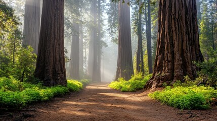Obraz premium Sunbeams illuminate a path through a misty redwood forest.