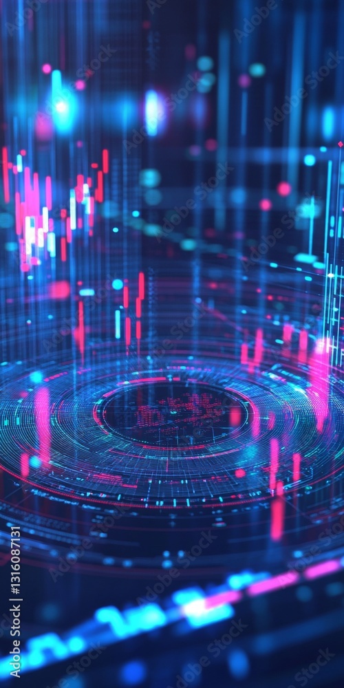 Poster vibrant abstract data visualization with dynamic light patterns in blue and red tones