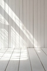 Obraz premium Sunlight streams through window onto white wood wall and floor; minimalist interior design background