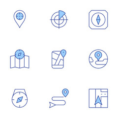 GPS icons set. Line Duotone style, editable stroke. target, compass, route, navigation, global, radar, gps
