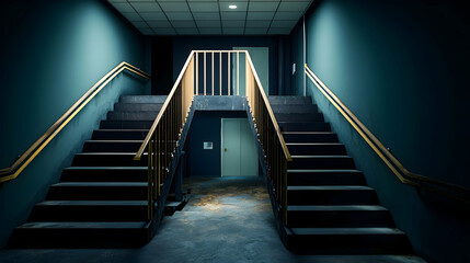 Fototapeta premium Dark Teal Indoor Staircase Splitting With Metal Railings And Dim Lighting In A Deserted Building