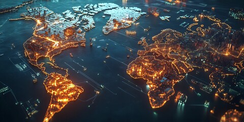 Obraz premium This captivating illustration features a glowing world map, highlighting the continents and oceans with intricate urban lights, perfect for global-themed projects.