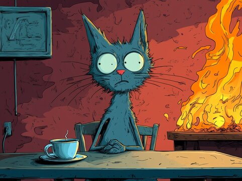 The fine pinup pop art retro raster illustration is a comic book style imitation of the cat in fire meme