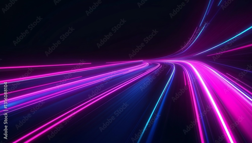 Wall mural abstract neon light trails background pink and blue glowing lines in a dark space, perfect for futur