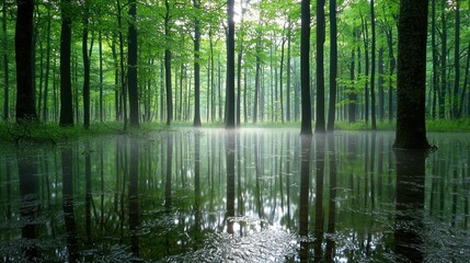 Sunlit forest with flooded path reflecting trees.