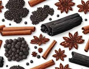 Seamless Pattern of Aromatic Spices Cinnamon, Star Anise, Black Peppercorns, and Charcoal