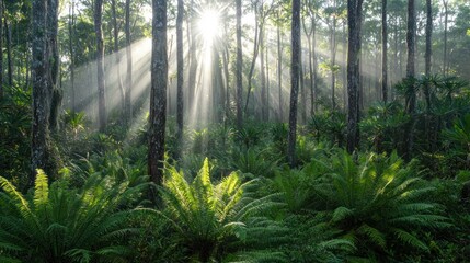 Obraz premium Sunbeams illuminating misty forest with ferns.