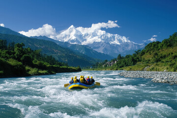 Whitewater rafters navigate Trishuli River in Nepal with snow capped mountains in background