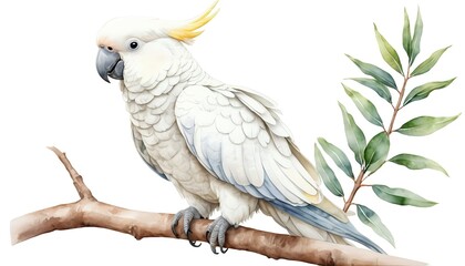 Sulphur-crested Cockatoo on Branch with Eucalyptus Leaves