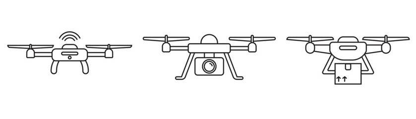 Drone icon with three outlined drones demonstrating special functions. Perfect for technology, innovation, and aerial photography concepts. Great for presentations.