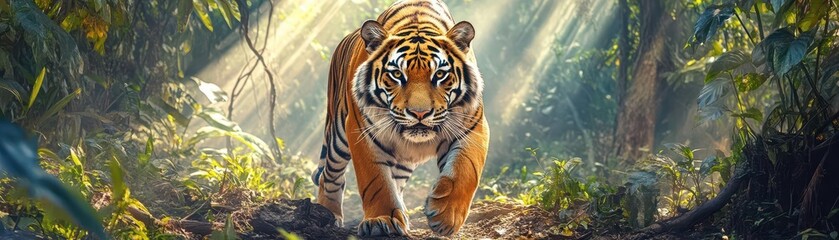 Obraz premium Majestic Tiger Walking Through Lush Green Jungle Under Sunlight
