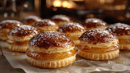 Golden pastries, powdered sugar, and sweet filling bake on parchment-lined tray near a blurred oven