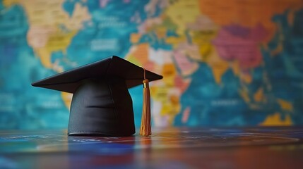 A graduation cap sits prominently on a table, with a vibrant world map behind it. This image symbolizes education, achievement, and global connections for students.