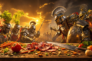 Medieval knights with vegetable helmets approaching a wooden table with sliced bacon, carrots, and tomatoes at sunset.