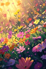 Naklejka premium Sunlit meadow, vibrant wildflowers, summer, nature wallpaper