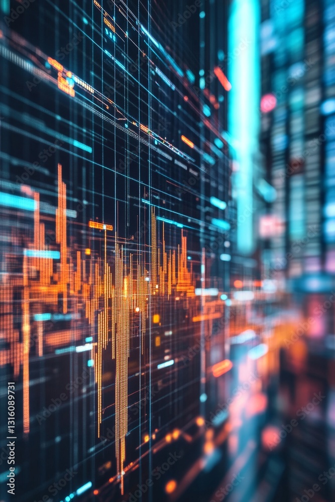 Poster abstract digital data visualization with colorful waves and lines representing information flow