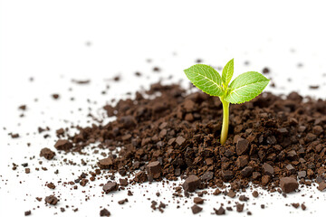 Naklejka premium Young green seedling sprouting from dark soil on white background with copy space for text.