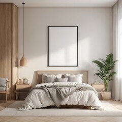 Minimalist Modern Bedroom Interior with Blank Frame Mockup