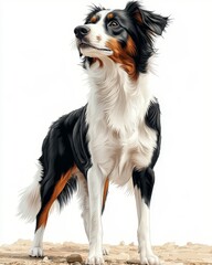 A Border Collie dog is standing and panting with its tongue extended, showcasing its distinctive black and white fur pattern