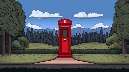 Red Postbox in a Serene Cartoon Landscape Illustration AI Generated