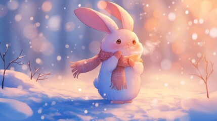 Cute Rabbit in Winter Scarf against Soft Snowy Background
