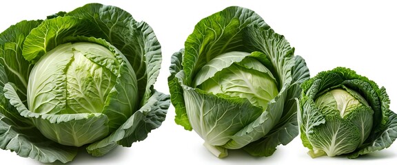 Fototapeta premium Three Fresh Green Cabbages Isolated on White Background