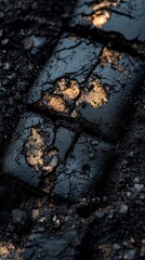 Close up view of a dark, cracked surface with flecks of gold. The texture is rough and uneven, suggesting age or damage. The contrast between the dark and gold creates a dramatic effect.