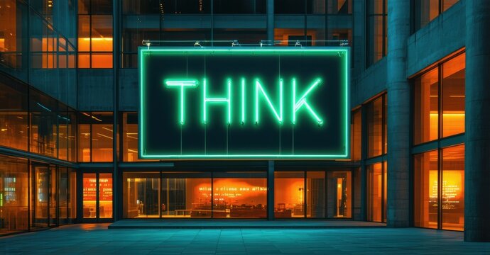 Floating neon billboard with think in deep jade and fiery orange hovering above peaceful university courtyard with futuristic glass structures