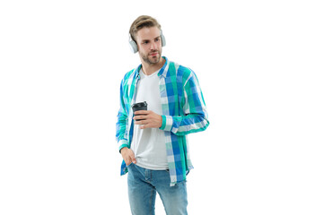 Warm morning. Coffee break at work. Millennial man hold coffee cup isolated on white. Morning coffee time. Lifestyle concept. Drinking espresso. Relax with music. Takeaway coffee. Man drinking tea