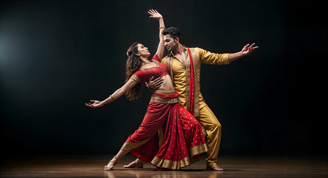 Indian Dance Couple in Traditional Attire Performing a Dramatic Pose