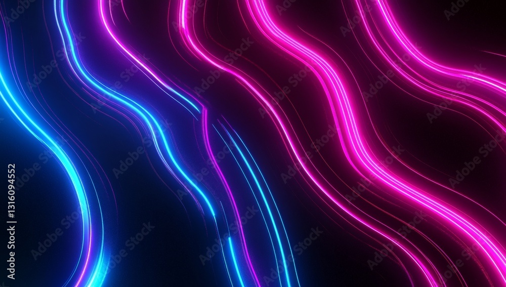 Wall mural abstract neon wave background glowing pink and blue wavy lines on dark space ideal for futuristic an