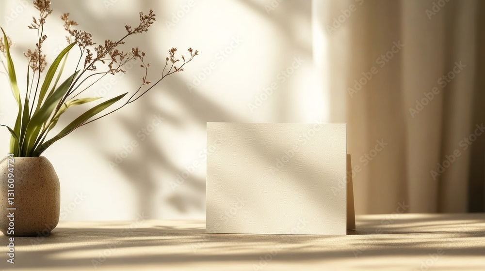 Poster Soft rays of sunlight filter through sheer curtains, illuminating a blank card resting on a wooden table beside a simple vase with slender green leaves, creating a serene and minimalist atmosphere