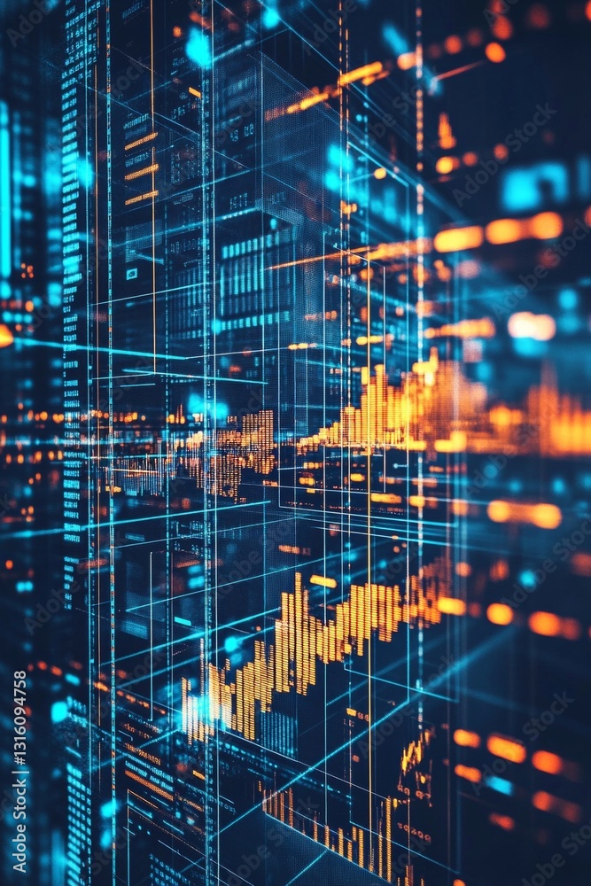 Poster abstract digital data visualization with geometric patterns and bright colors in technology