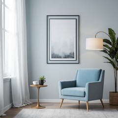 Modern Living Room Interior with Blue Armchair and Soft Lighting
