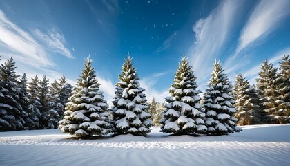 Obraz premium Three Snow-Covered Evergreen Trees in Winter Wonderland