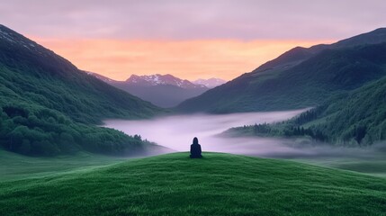 Naklejka premium Serene Sunrise Contemplation in Misty Mountain Valley
