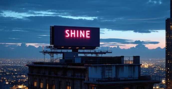 Naklejki Glowing rooftop billboard with shine in deep navy and glowing crimson mounted on top of exclusive rooftop lounge overlooking city bathed in twilight