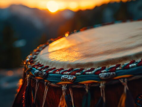 Sunset drum ritual, mountain backdrop, spiritual music