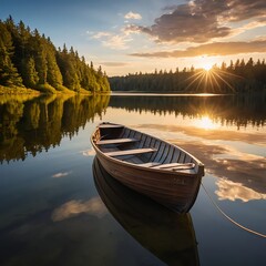 Serene Sunset on a Calm Lake with Rowboat