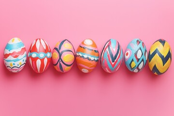 Fototapeta premium Vibrant line of decoratively painted Easter eggs on pink.