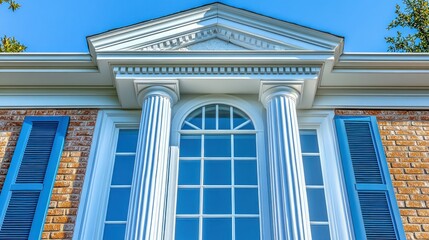 Obraz premium Brick house's classical portico, window detail, sunny day