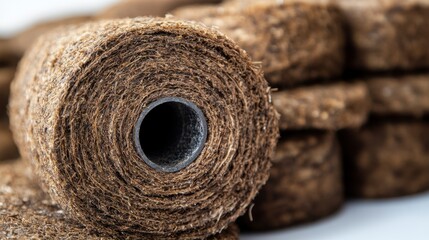 Close up of brown, cylindrical peat pellets for gardening, showing texture and central hole. Stacked pellets in the background.